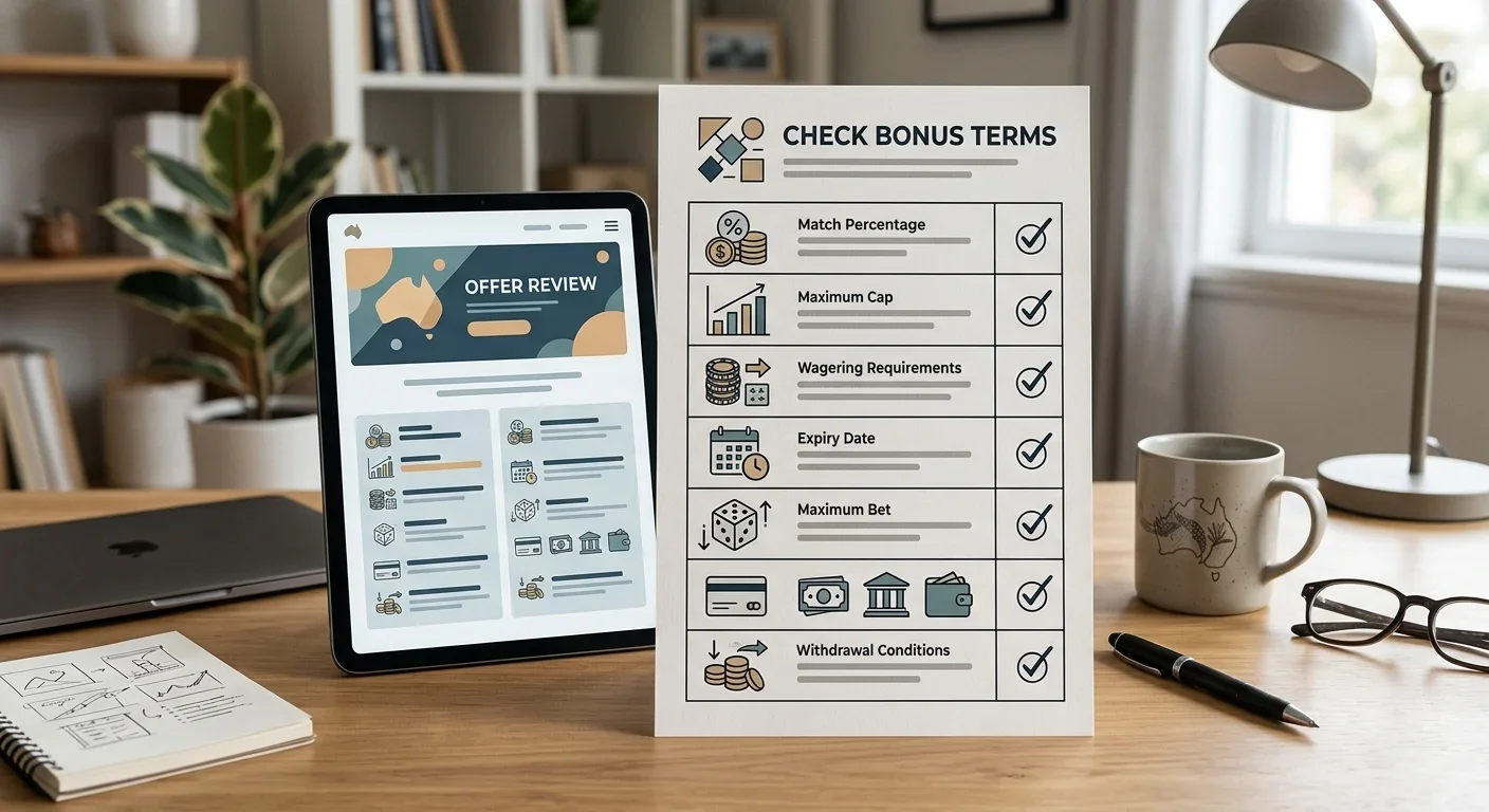 Checklist for reviewing an online casino bonus percentage, cap, wagering, expiry, maximum bet and eligibility conditions