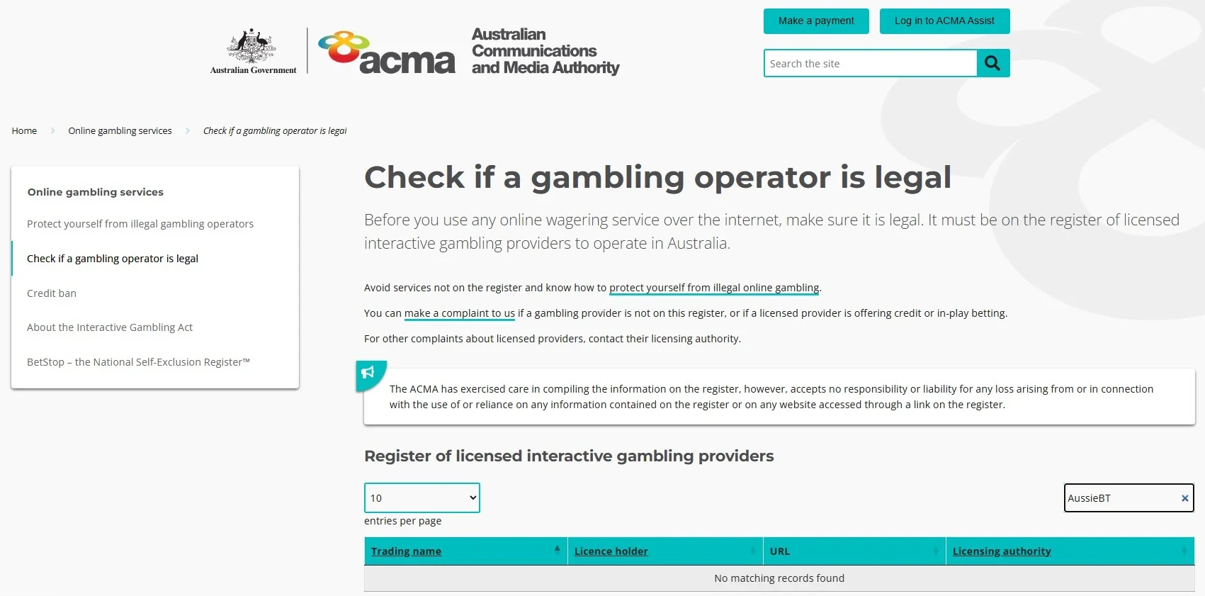 Official ACMA licensed interactive gambling provider register page used to check whether AussieBT appears as an Australian licensed provider