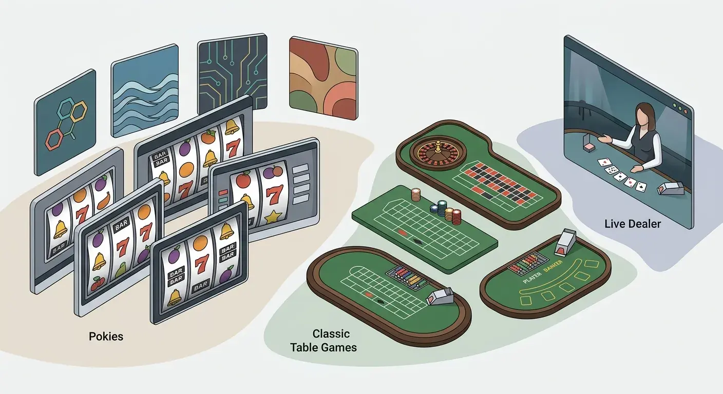 Editorial game library map showing pokies, table games and live casino as separate categories with provider examples