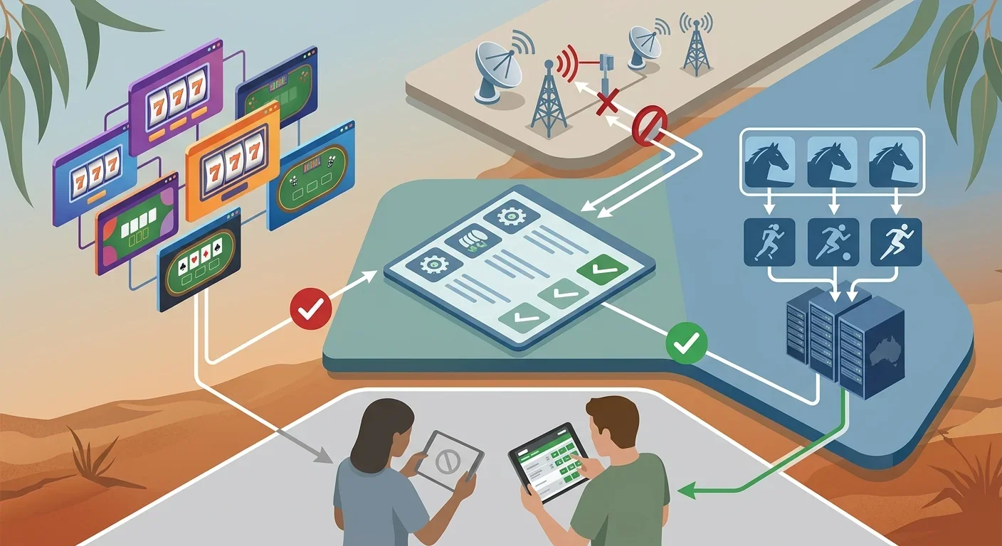 Regulatory flow showing prohibited online casino services, licensed wagering, the ACMA register, enforcement and player-facing context in Australia