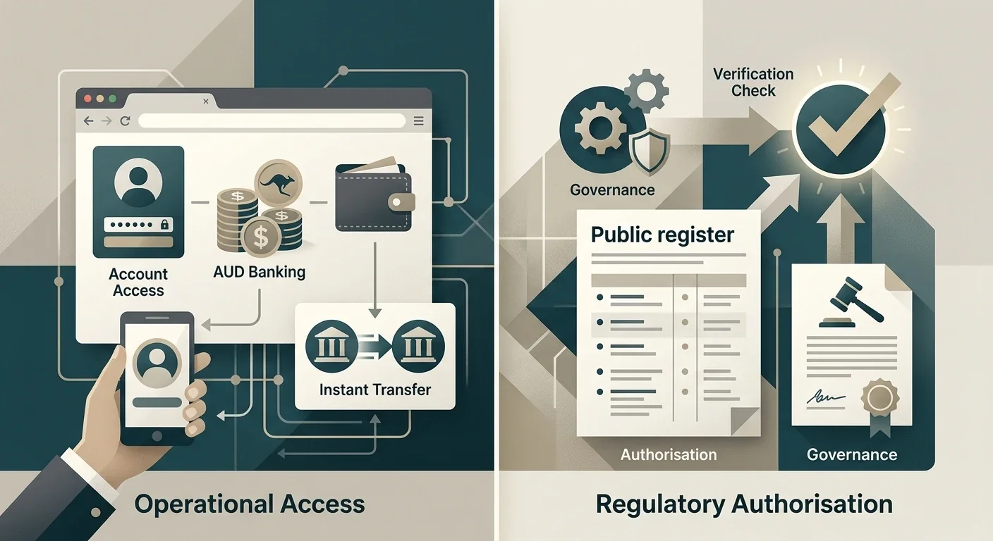 Infographic concept separating operational casino access from Australian regulatory authorisation